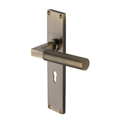 Heritage Brass Bauhaus Knurled Door Handles On 200mm Backplate, Antique Brass - VT9300-AT (sold in pairs) LOCK (WITH KEYHOLE)