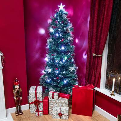 Green Pine Snowy Christmas Tree 4ft to 6ft with LED's, Berries, Cones and White Fibre Optic, 6ft / 1.8m