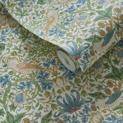 William Morris Strawberry Thief Wallpaper Apple Green and Blush W0171/01