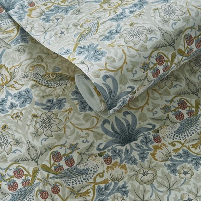 William Morris Strawberry Thief Wallpaper Linen Grey and Plum W0171/03