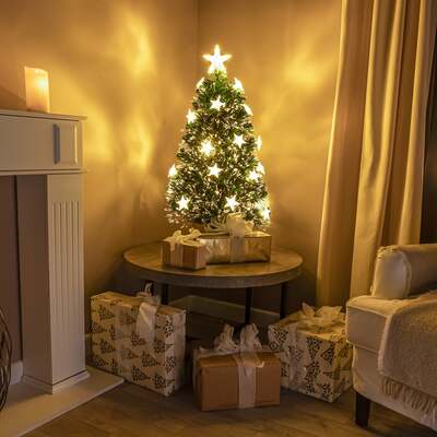 2ft - 7ft Green Fibre Optic Christmas Tree with Warm White Fibre Optics, LED Lights and Stars, 2FT