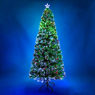 2ft - 6ft Green Fibre Optic Christmas Tree with Multi Coloured Fibre Optic Lights and Red Berries, 3FT