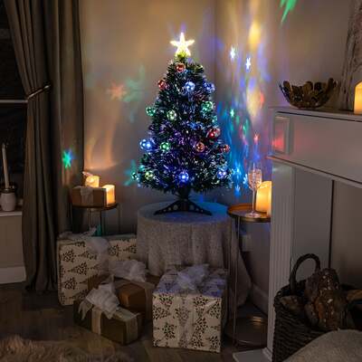 2ft - 7ft Green Fibre Optic Christmas Tree with Multi Coloured LED Lights and Baubles, 2FT