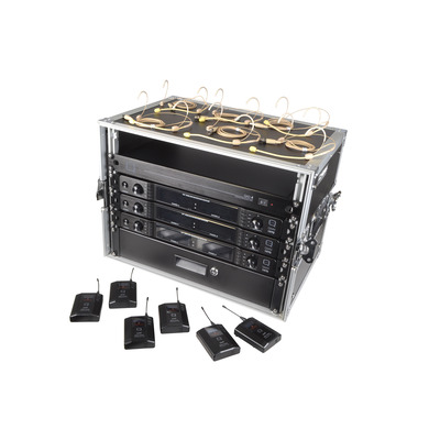 6 Way Wireless Microphone Set with Belt packs and Headsets Racked Ready to Use