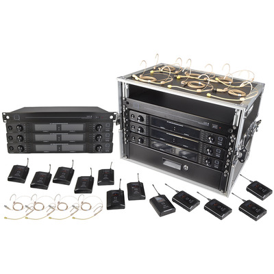 10 Way Wireless Microphone Set with Belt packs and Headsets Racked Ready to Use