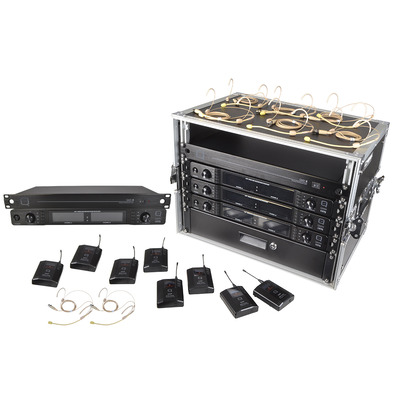 12 Way Wireless Microphone Set with Belt packs and Headsets Racked Ready to Use